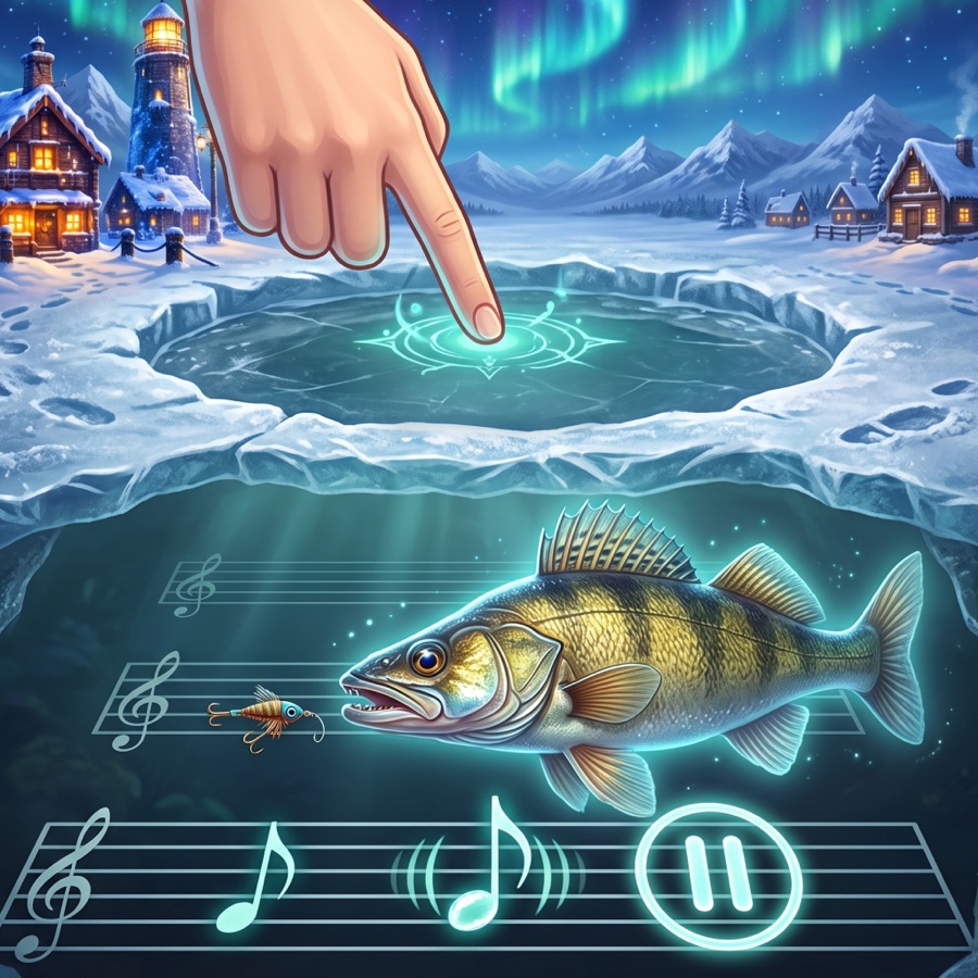 JigBeat key art: a hand taps a glowing hole in the ice beside a lit lodge and lighthouse, while below the surface a perch rises past shining music staves under the northern lights.